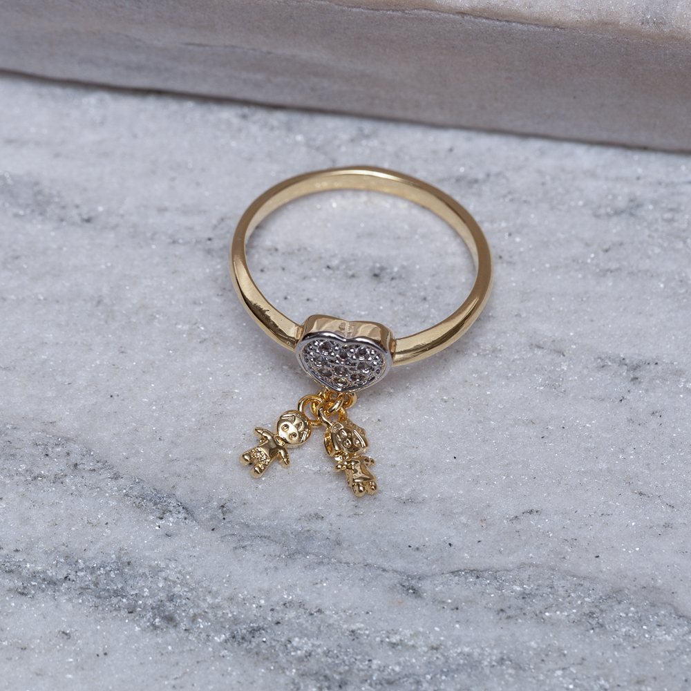 ANEL FILHOS CASAL CORAÇÃO CRAVEJADO BANHO OURO 18K