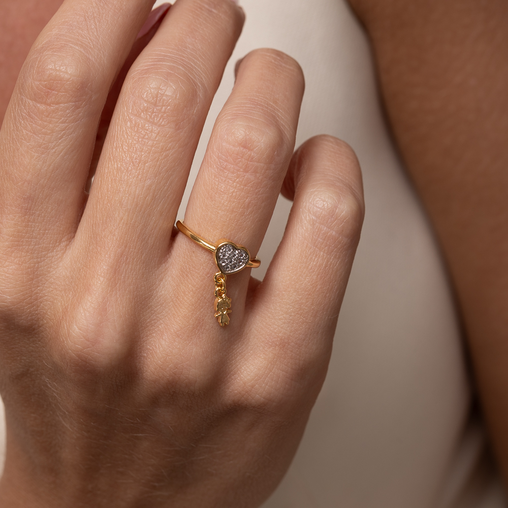 ANEL FILHOS MENINA CORAÇÃO CRAVEJADO BANHO OURO 18K