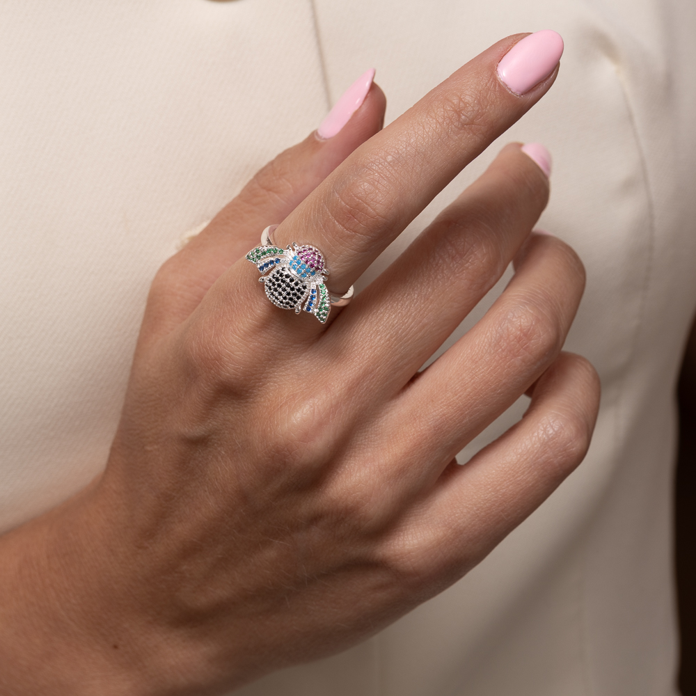 ANEL ABELHA COLORIDA BANHO PRATA