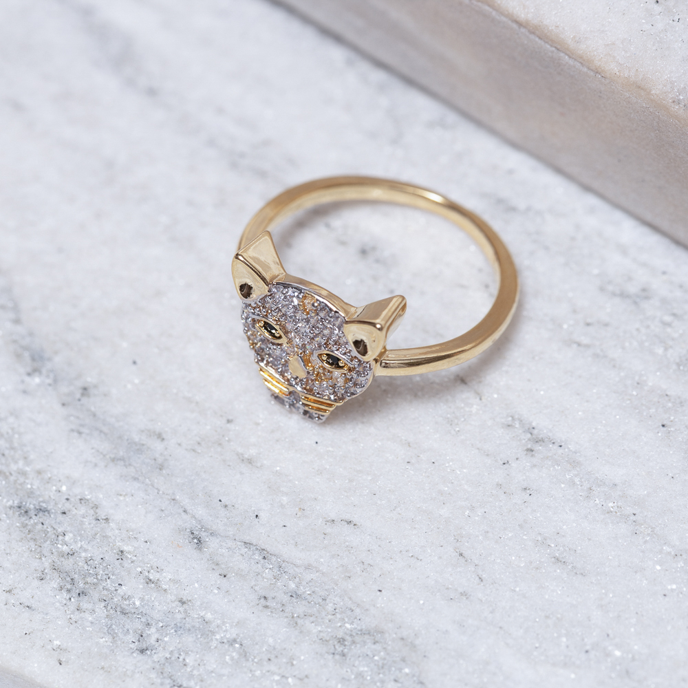 ANEL TIGRE CRAVEJADO COM OLHOS NEGROS BANHO OURO 18K