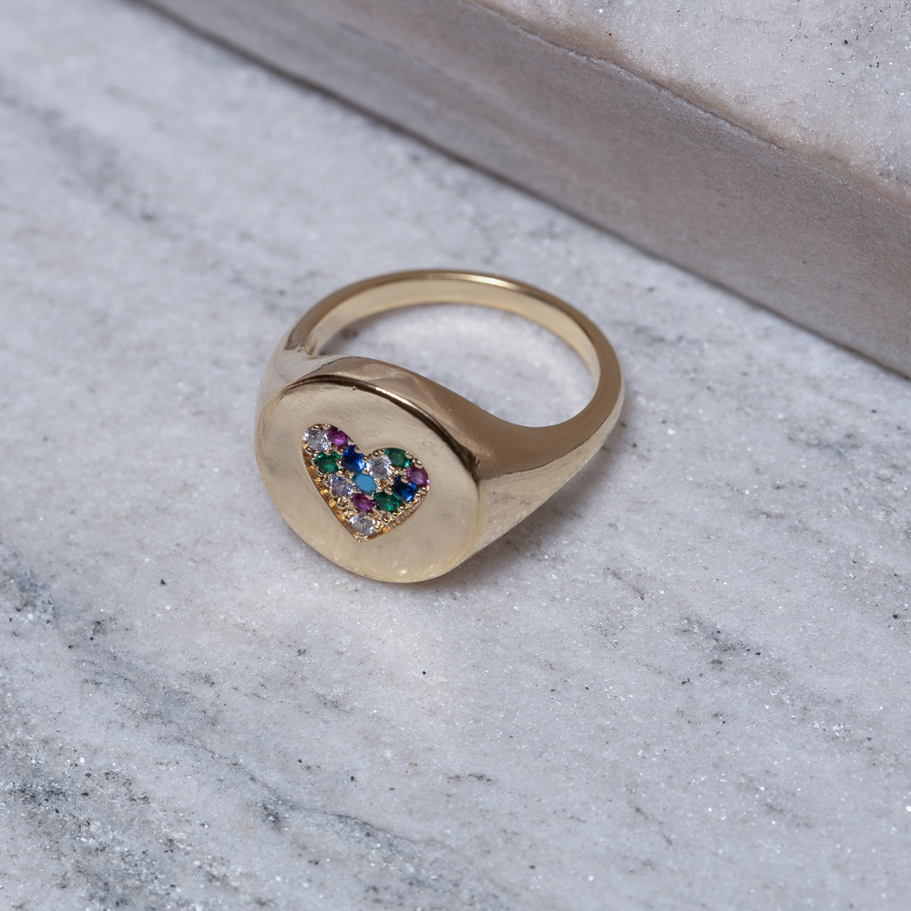 ANEL CORAÇÃO COM ZIRCÔNIAS COLORIDAS BANHO OURO 18K