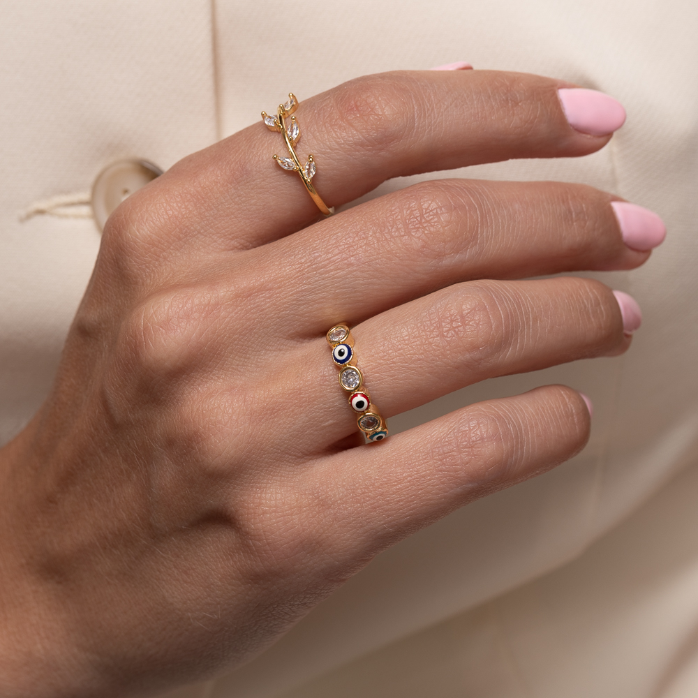 ANEL OLHO GREGO VERMELHO E AZUL BANHO OURO 18K