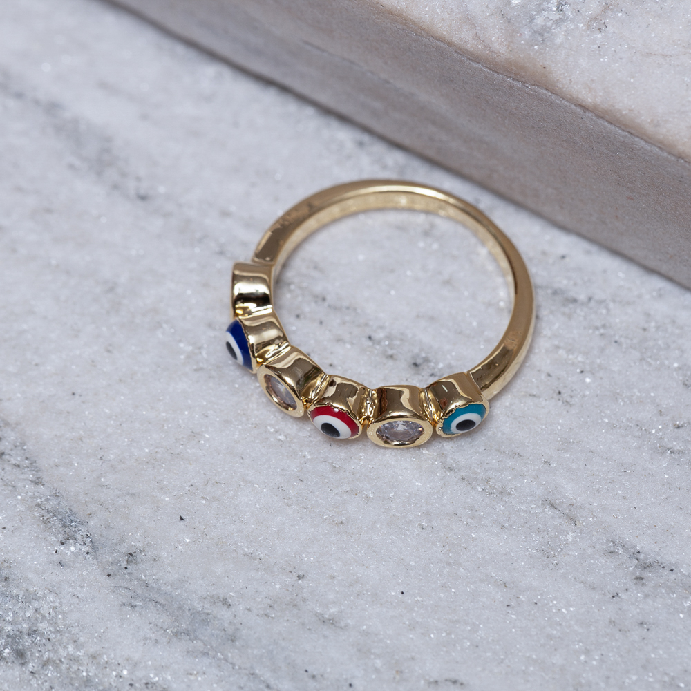 ANEL OLHO GREGO VERMELHO E AZUL BANHO OURO 18K
