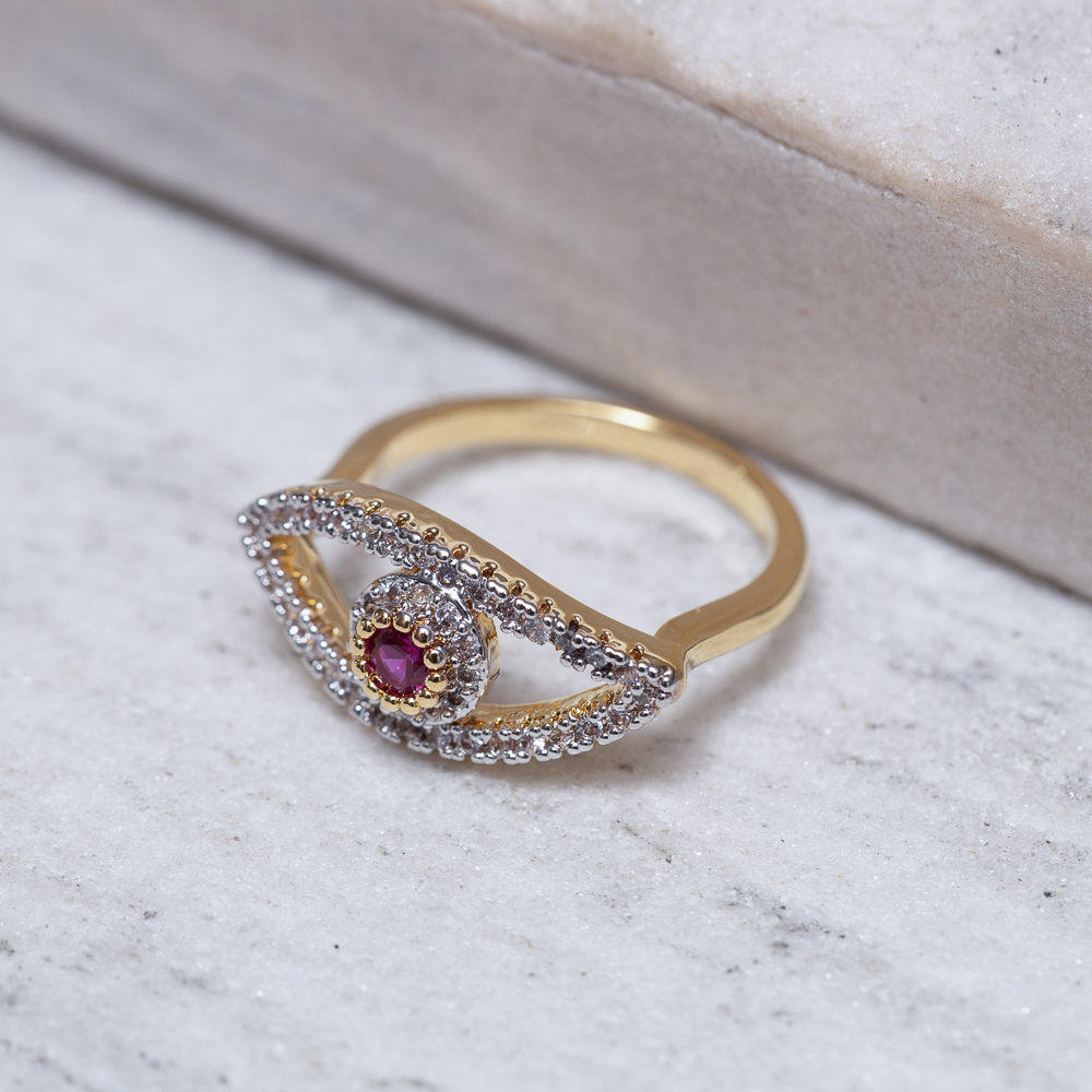 ANEL OLHO GREGO COM PEDRA PINK BANHO OURO 18K