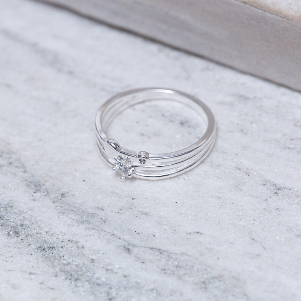 ANEL TRÊS AROS COM BOLINHA E ZIRCÔNIA BANHO PRATA