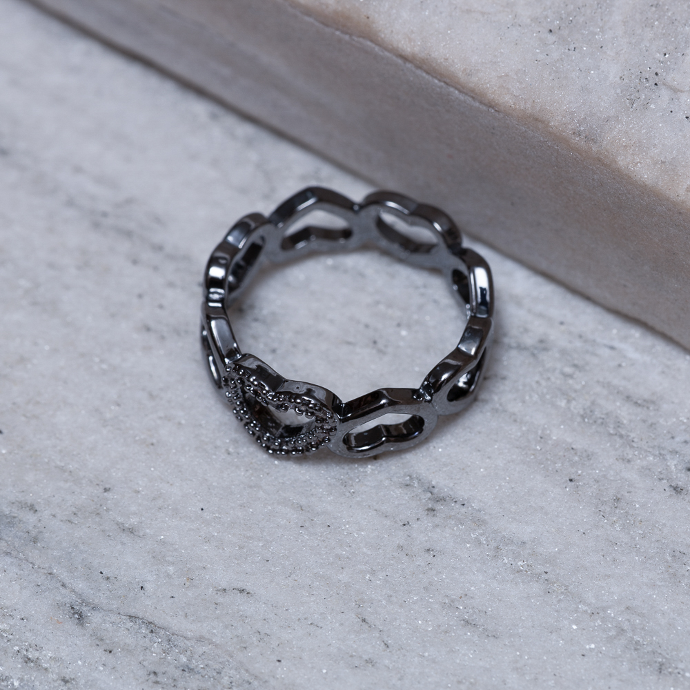 ANEL CORAÇÕES VAZADOS E COM ZIRCÔNIA BANHO RÓDIO NEGRO