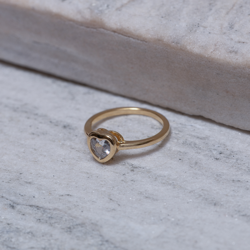 ANEL CORAÇÃO PEDRA CRISTAL BANHO OURO 18K