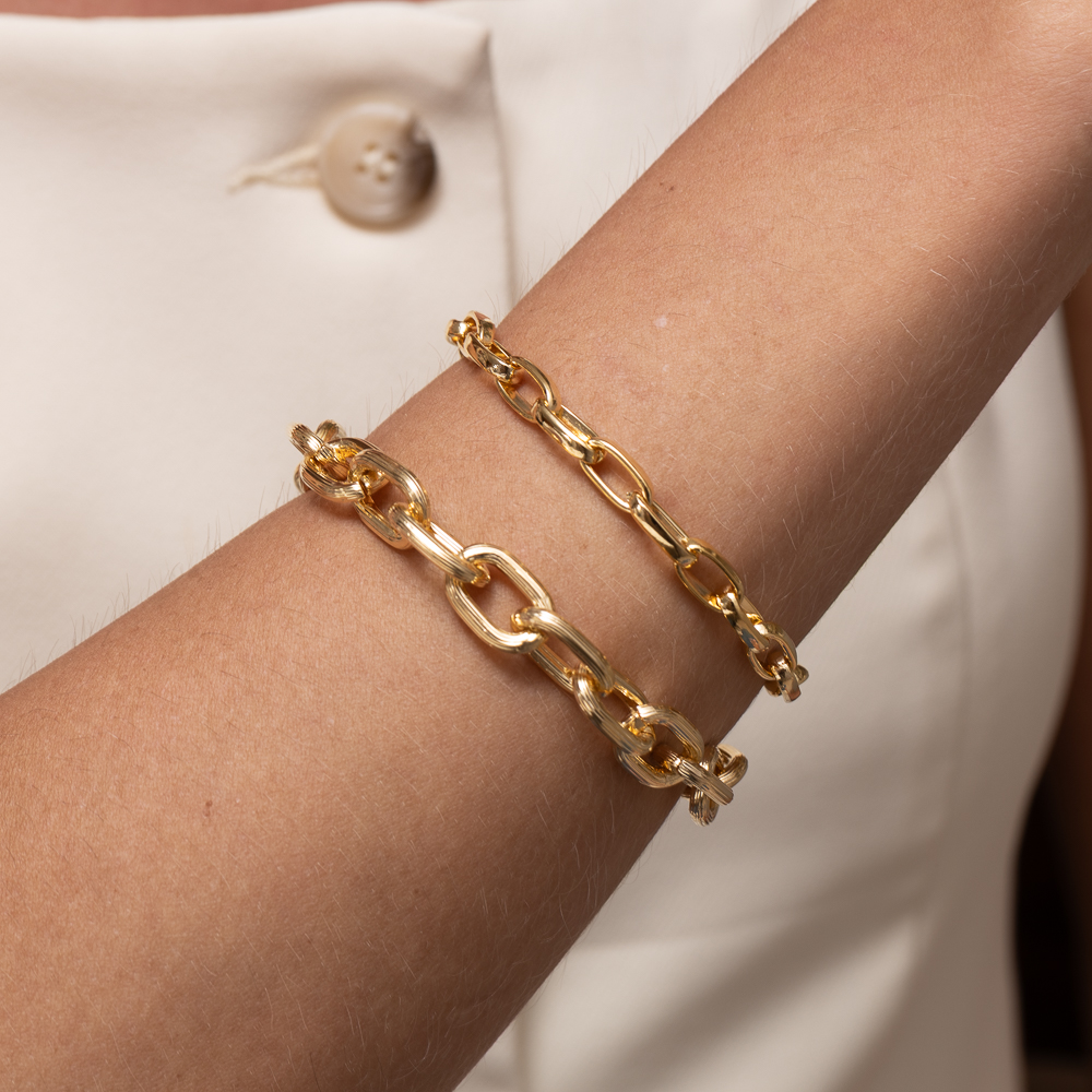 PULSEIRA CORRENTE GRANDE RISCADA BANHO OURO 18K