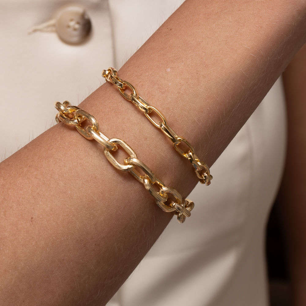 PULSEIRA CORRENTE GRANDE RISCADA BANHO OURO 18K