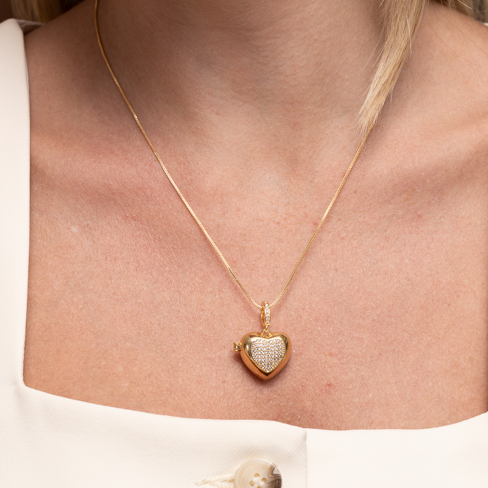 COLAR PERFUMEIRA CORAÇÃO COM ZIRCÔNIAS BANHO OURO 18K