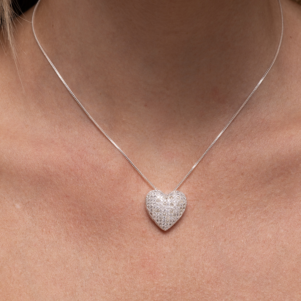 COLAR CORAÇÃO PUFFER CRAVEJADO BANHO PRATA