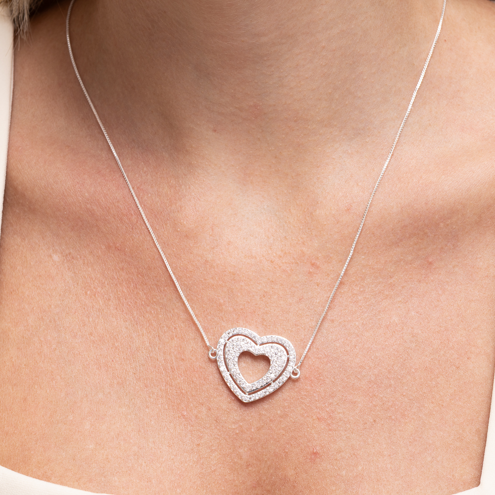 COLAR CORAÇÃO DUPLO COM ZIRCÔNIAS CRISTAIS BANHO PRATA