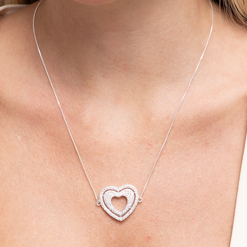 COLAR CORAÇÃO DUPLO COM ZIRCÔNIAS CRISTAIS BANHO PRATA