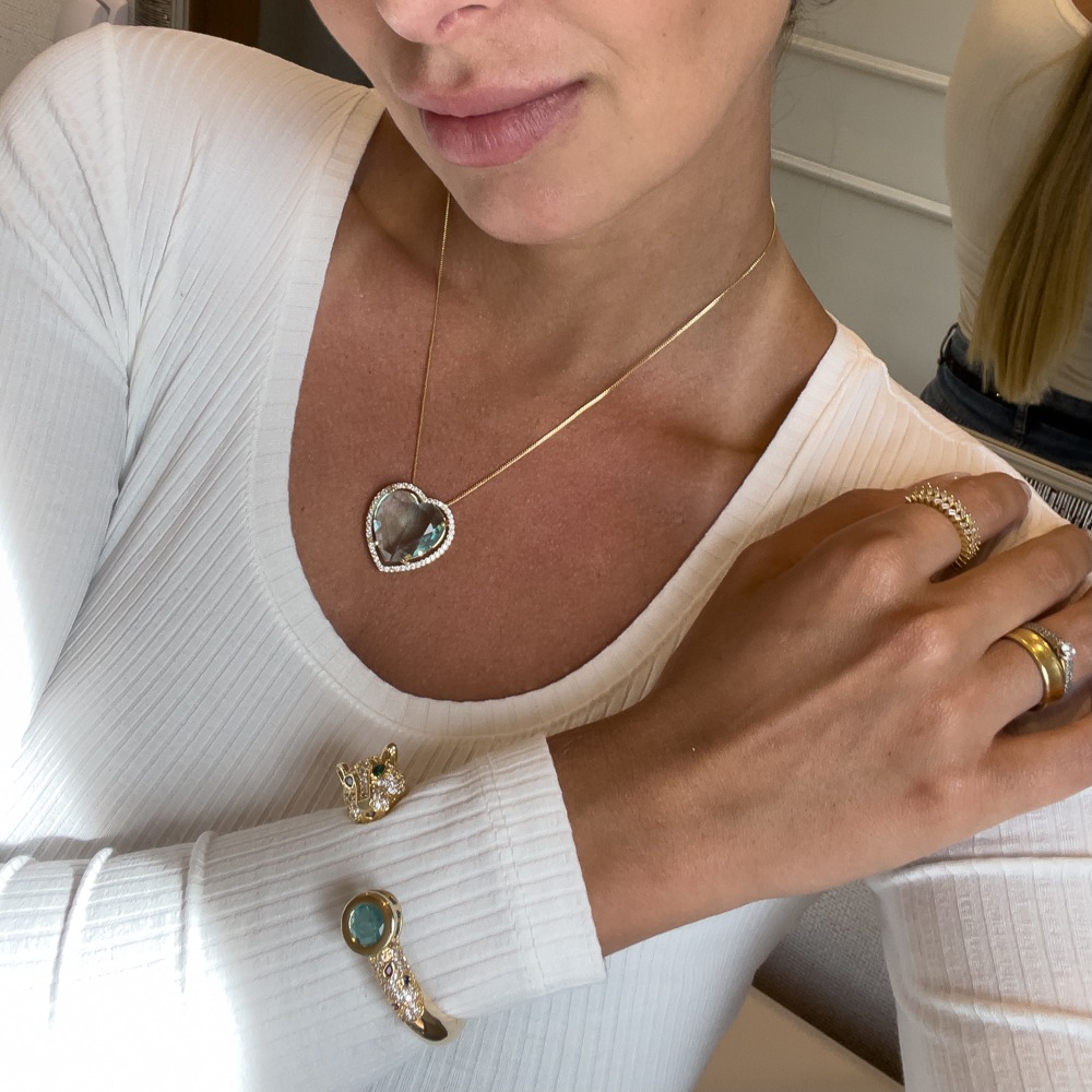 BRACELETE TIGRE COM ZIRCÔNIAS E PEDRA VERDE TIFANNY BANHO OURO 18K