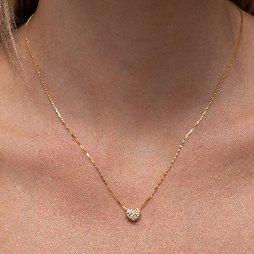 COLAR PINGENTE CORAÇÃO COM ZIRCÔNIAS BANHO OURO 18K
