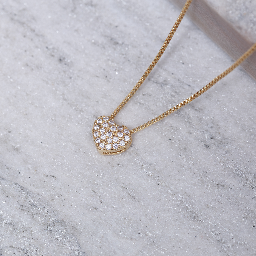 COLAR PINGENTE CORAÇÃO COM ZIRCÔNIAS BANHO OURO 18K