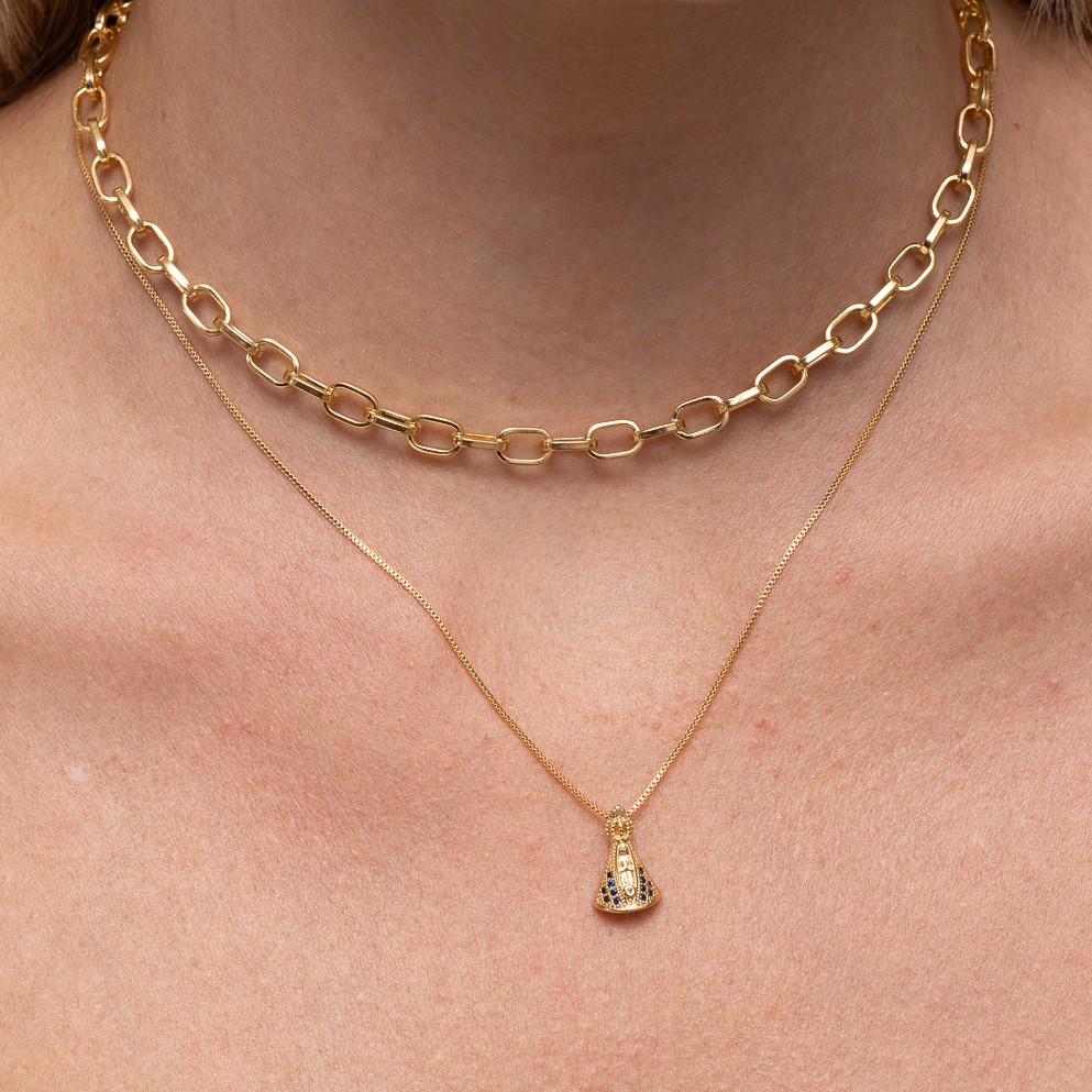 COLAR NOSSA SENHORA M MANTO AZUL BANHO OURO 18K