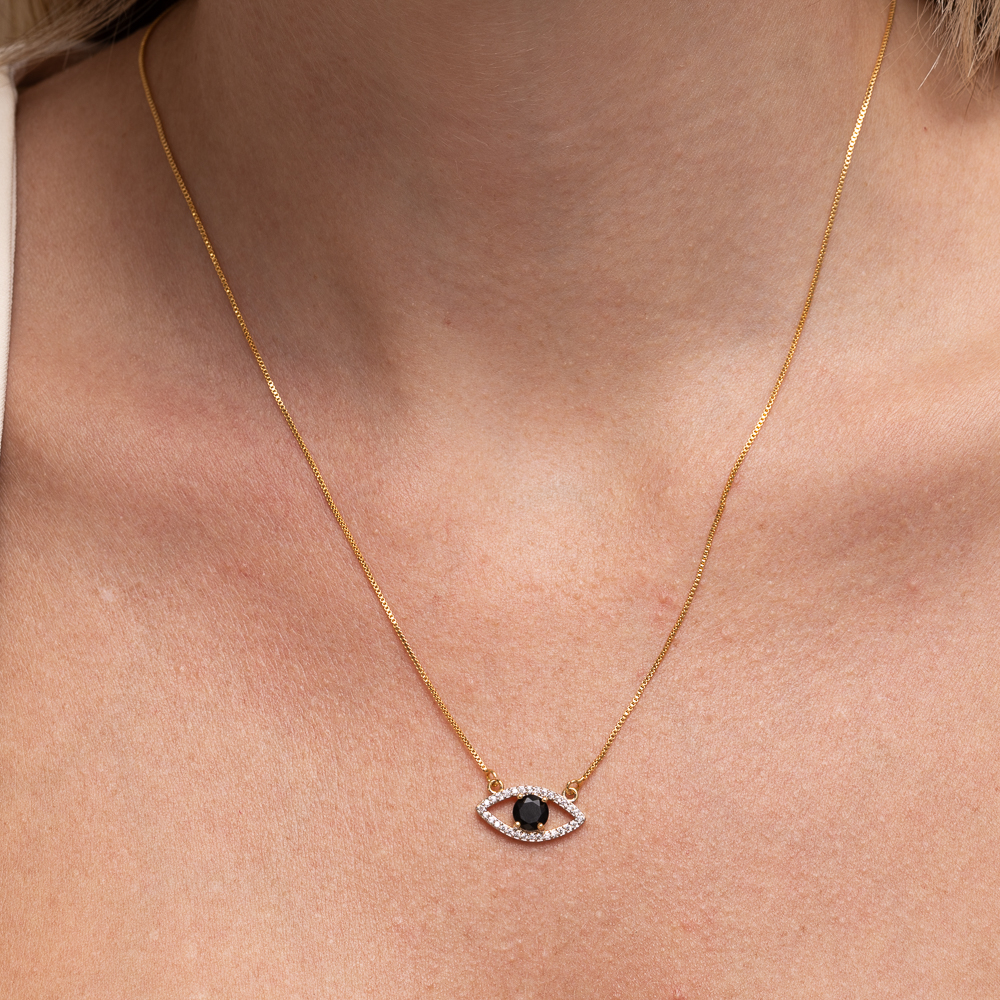 COLAR OLHO GREGO COM PEDRA NEGRA BANHO OURO 18K