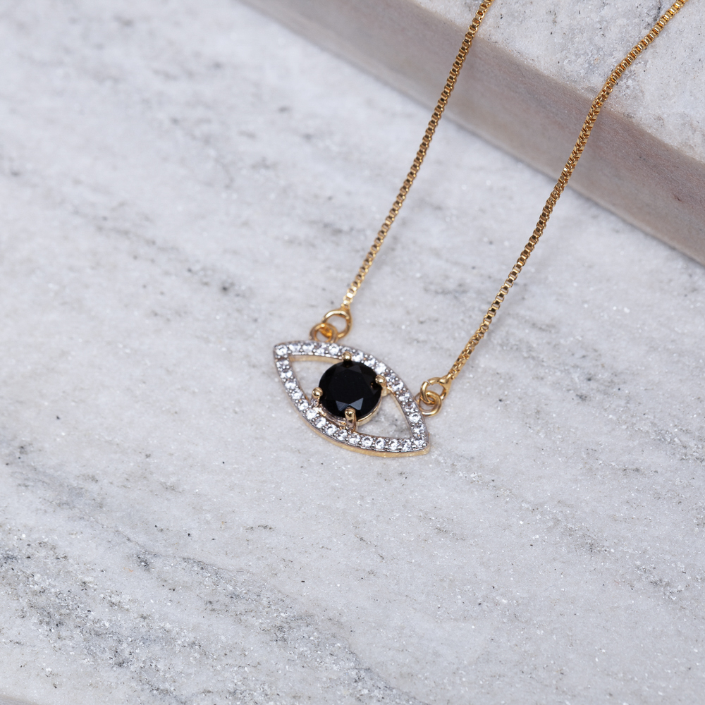 COLAR OLHO GREGO COM PEDRA NEGRA BANHO OURO 18K