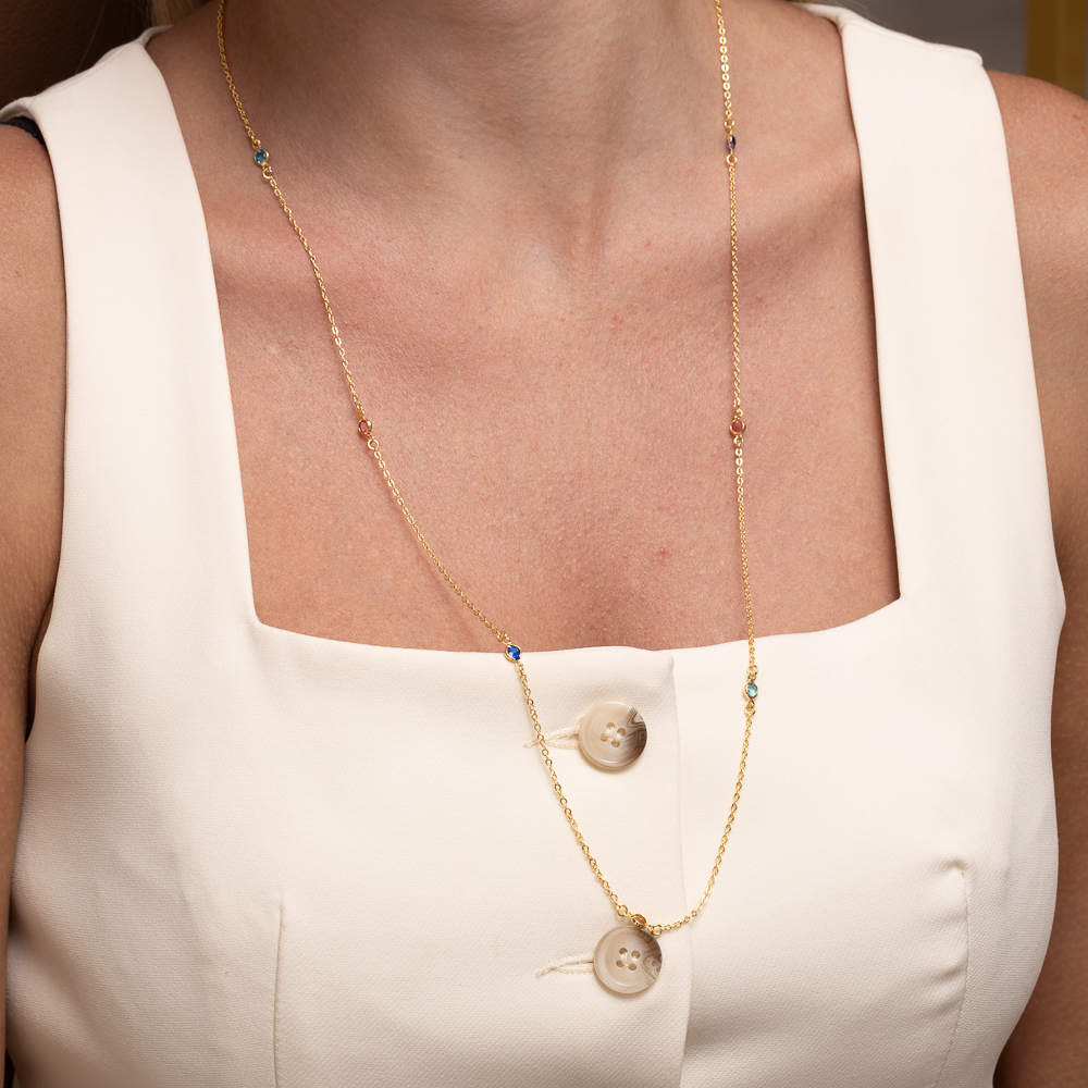 COLAR LONGO COM PEDRAS COLORIDAS BANHO OURO 18K