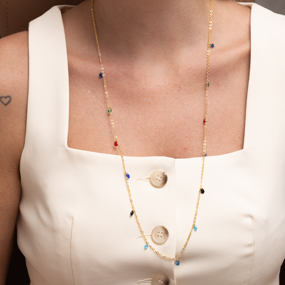 COLAR LONGO COM GOTINHAS COLORIDAS BANHO OURO 18K