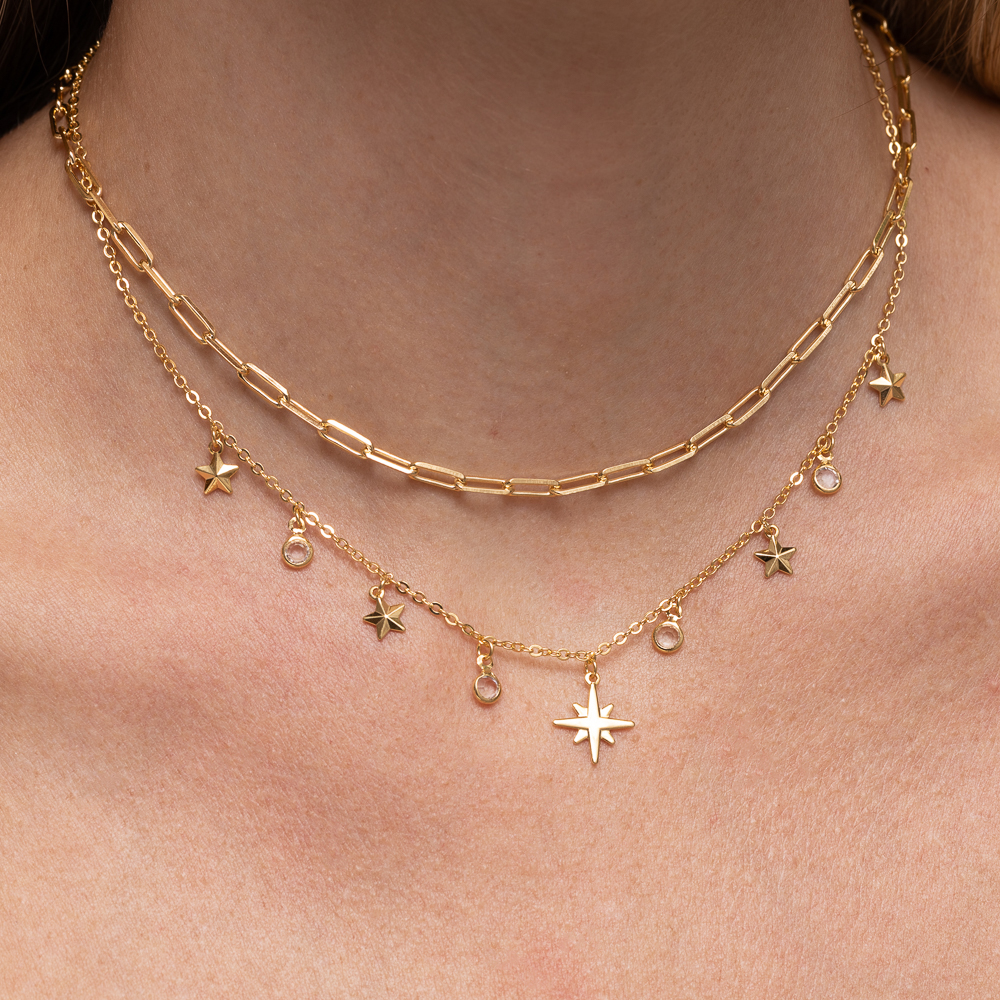 CHOKER ESTRELINHAS E CRISTAIS BANHO OURO 18K