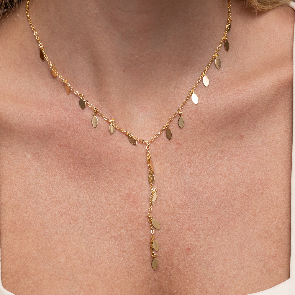 COLAR PÊNDULO COM FOLHAS LISAS BANHO OURO 18K