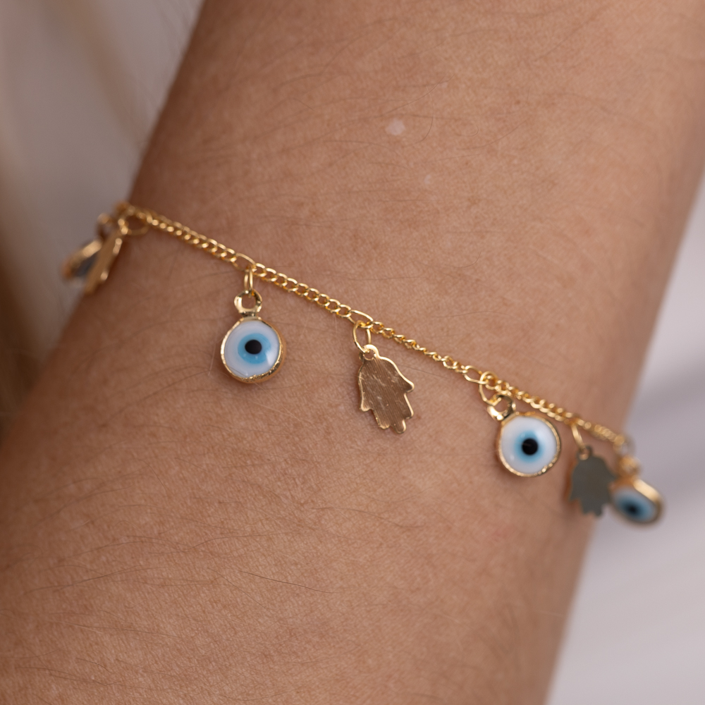 PULSEIRA OLHO GREGO E MÃO DE FÁTIMA BANHO OURO 18K