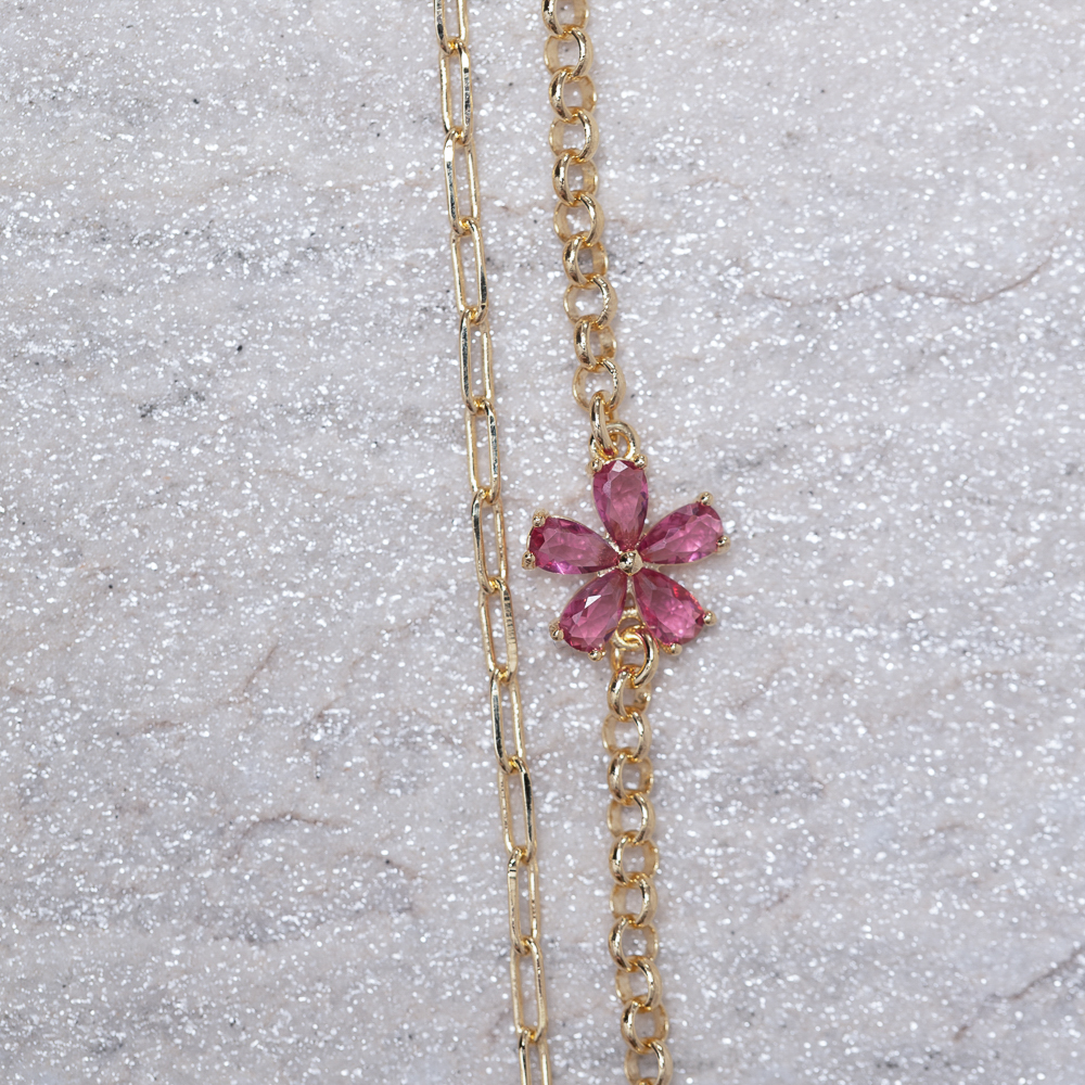 PULSEIRA DUPLA COM FLORZINHA PINK BANHO OURO 18K