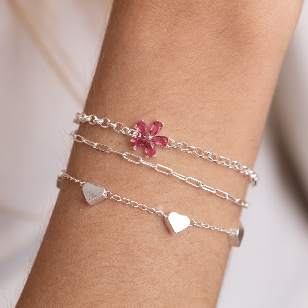 PULSEIRA DUPLA COM FLORZINHA PINK BANHO PRATA