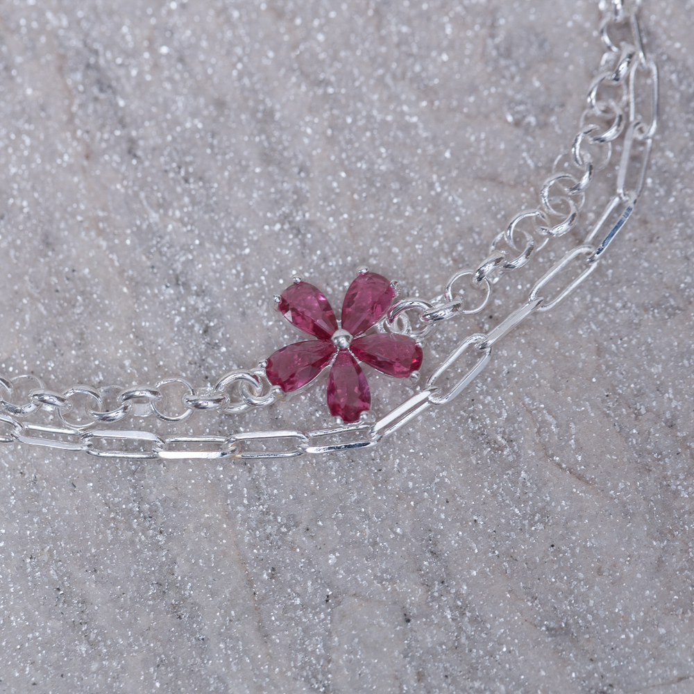 PULSEIRA DUPLA COM FLORZINHA PINK BANHO PRATA