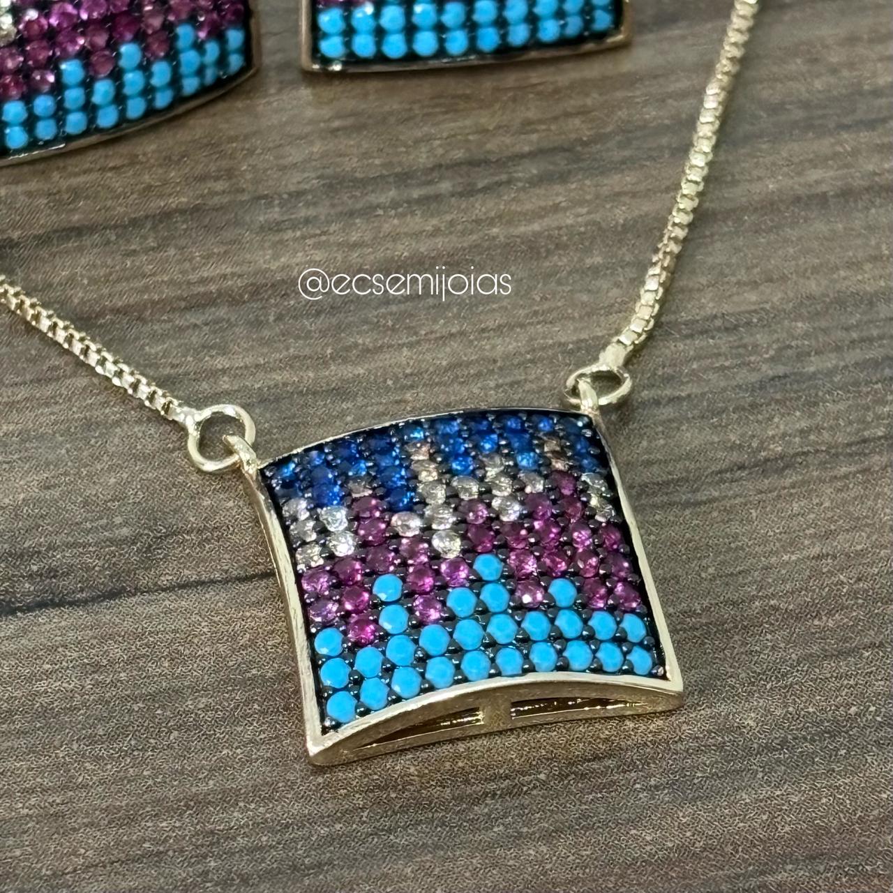 Conjunto de Brinco e Colar quadrado cravejado colorido - 41cm + extensor - banhado a ouro 18k