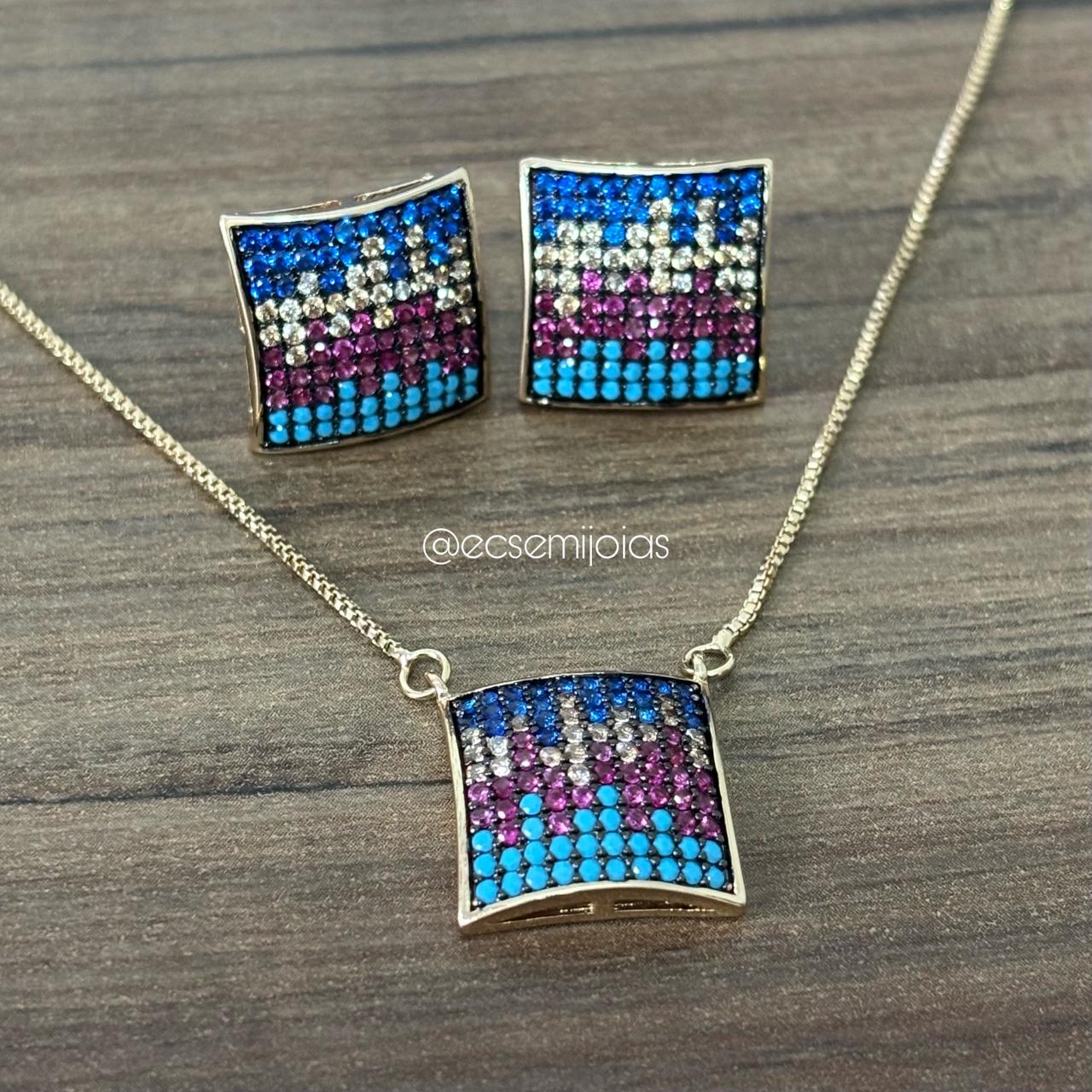 Conjunto de Brinco e Colar quadrado cravejado colorido - 41cm + extensor - banhado a ouro 18k