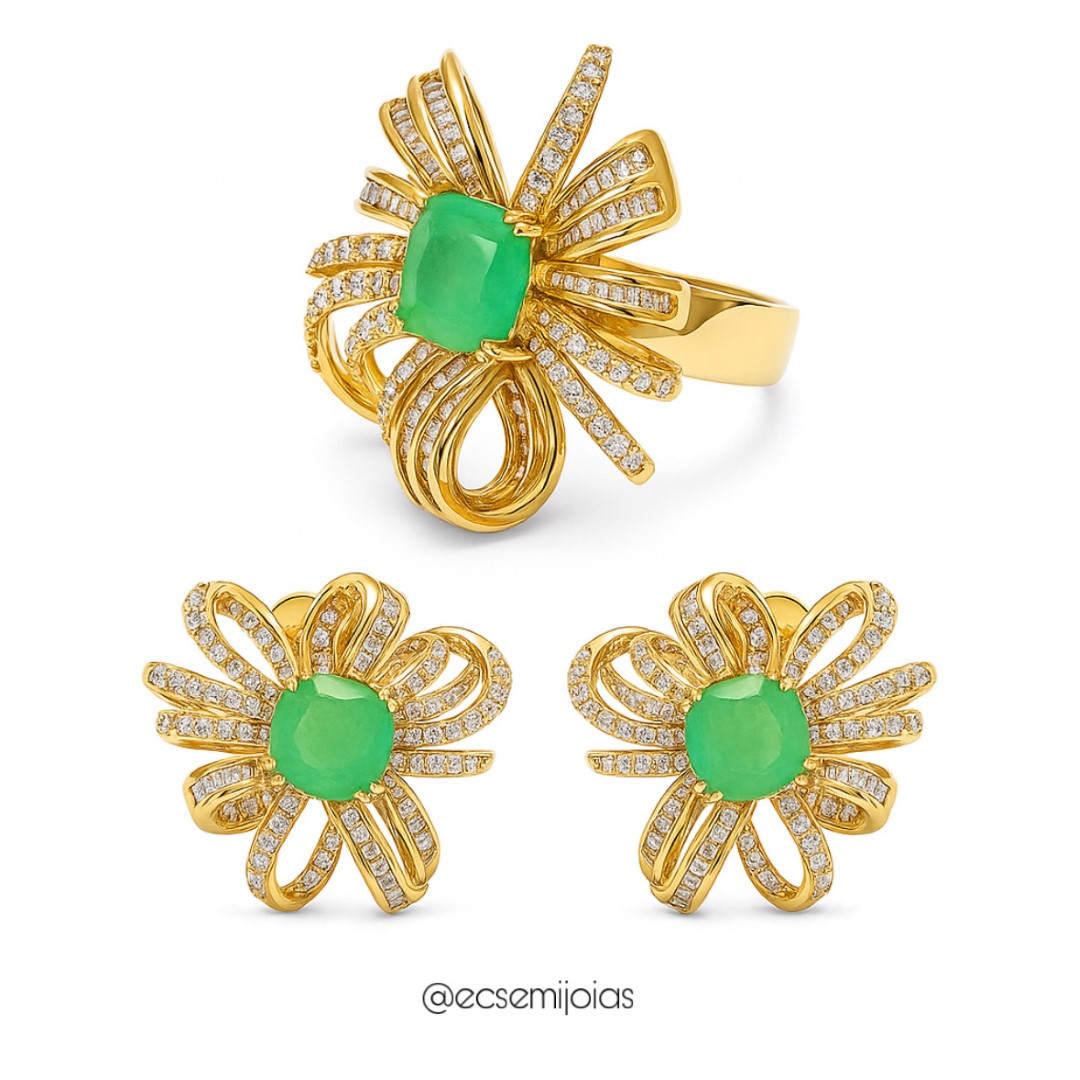 Conjunto anel e brinco de flor cravejada vazada com pedra quadrada fusion - banhado a ouro 18k