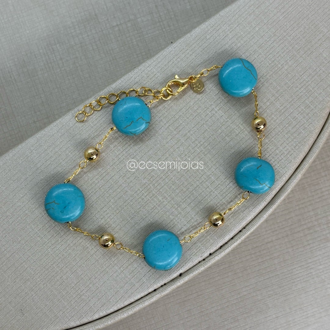 Pulseira de bolas lisas com pedras turquesas redondas - 17cm + extensor - banhado a ouro 18k