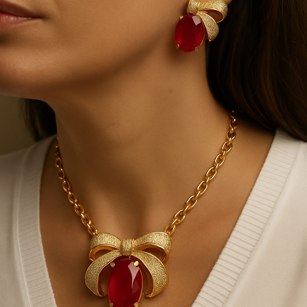 Conjunto de brinco e colar de gota de laço cravejado com pedra oval fusion pendurada - banhado a ouro 18k