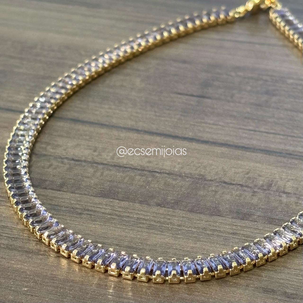 Choker com 100% zircônias baguetes 5mm - 35cm - banhado a ouro 18k