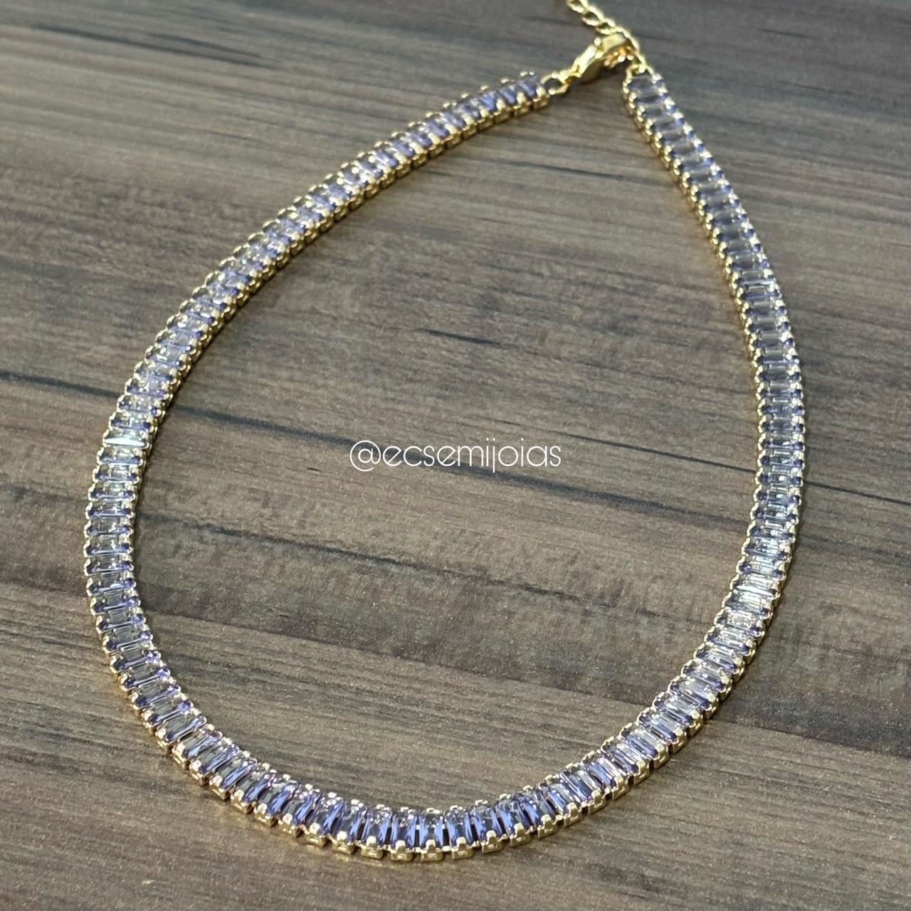 Choker com 100% zircônias baguetes 5mm - 35cm - banhado a ouro 18k