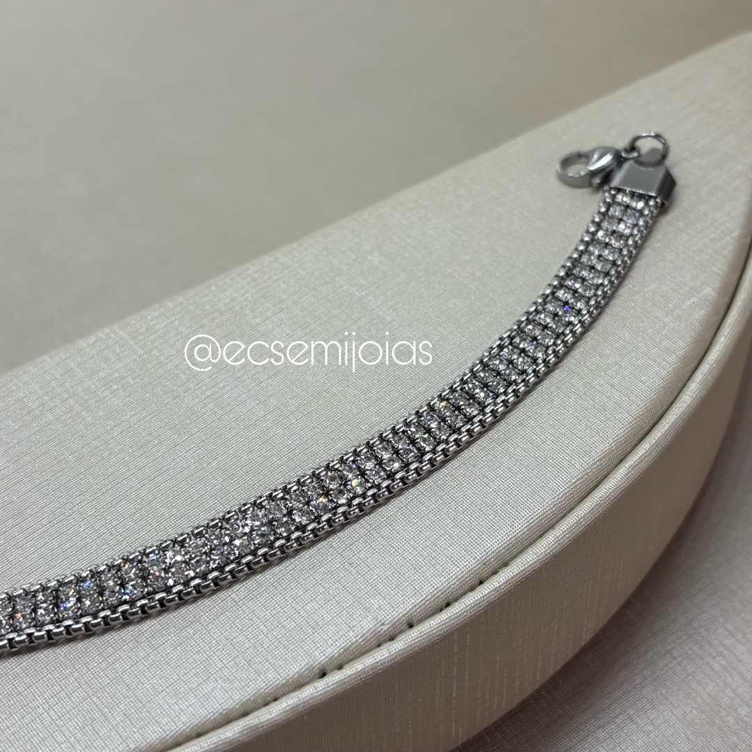 Pulseira de malha cravejada - 18cm + extensor - aço inoxidável
