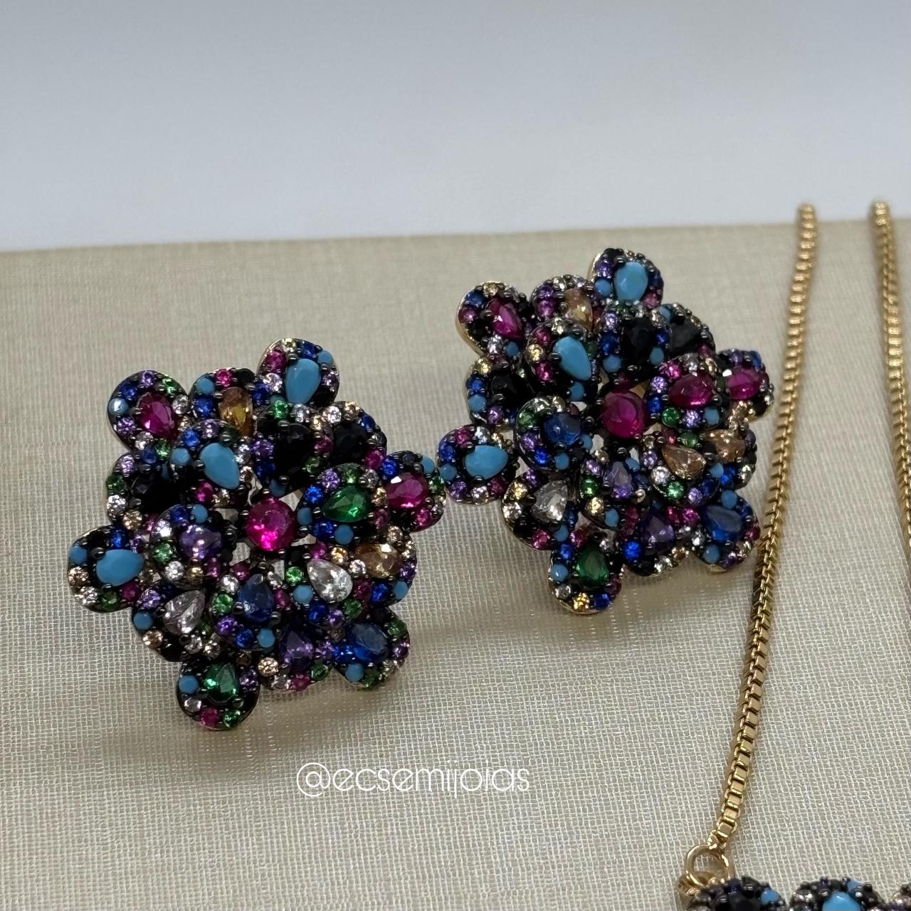 Conjunto brinco, colar e anel de flor cravejada - colar 80cm ajustável  - banhado a ouro 18k