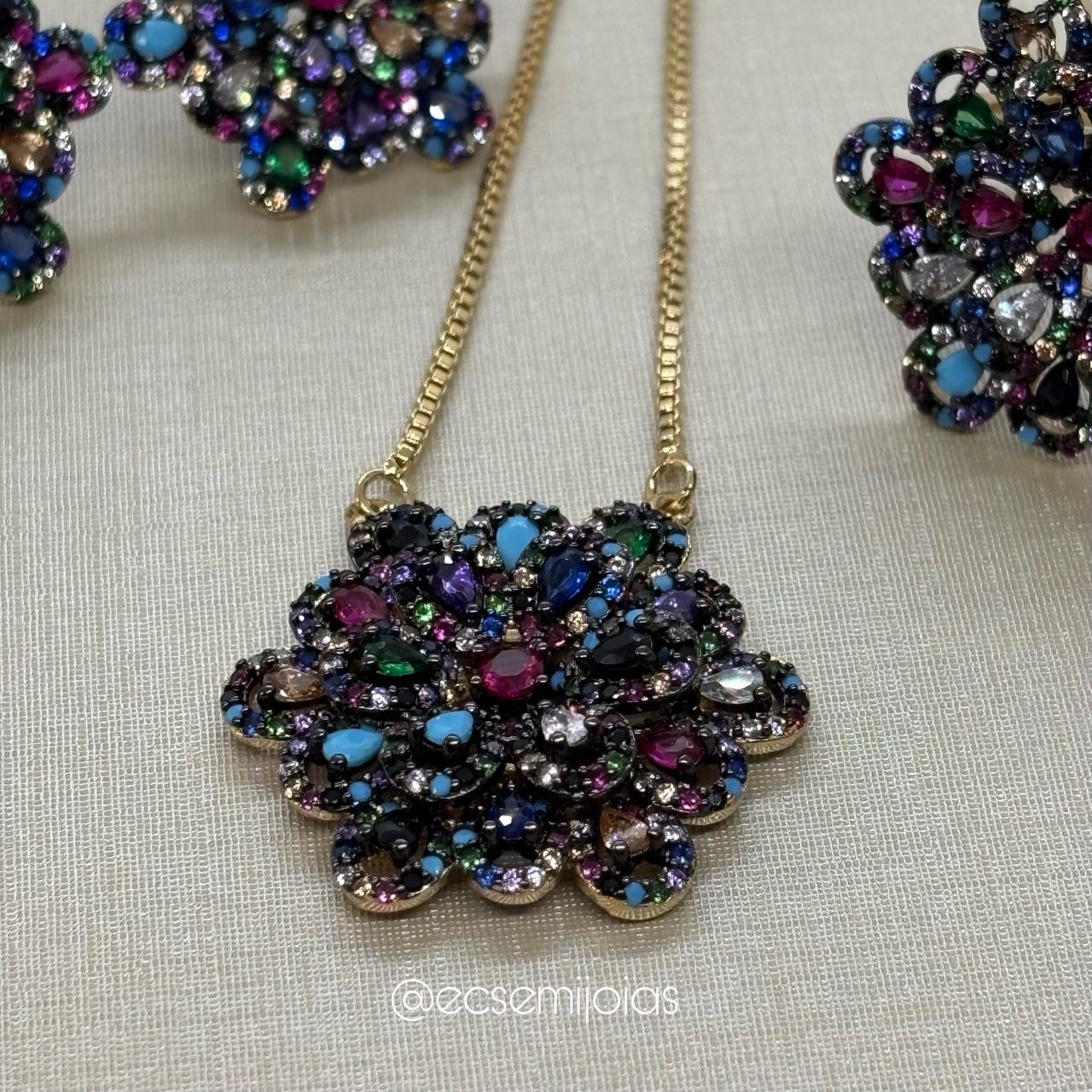 Conjunto brinco, colar e anel de flor cravejada - colar 80cm ajustável  - banhado a ouro 18k