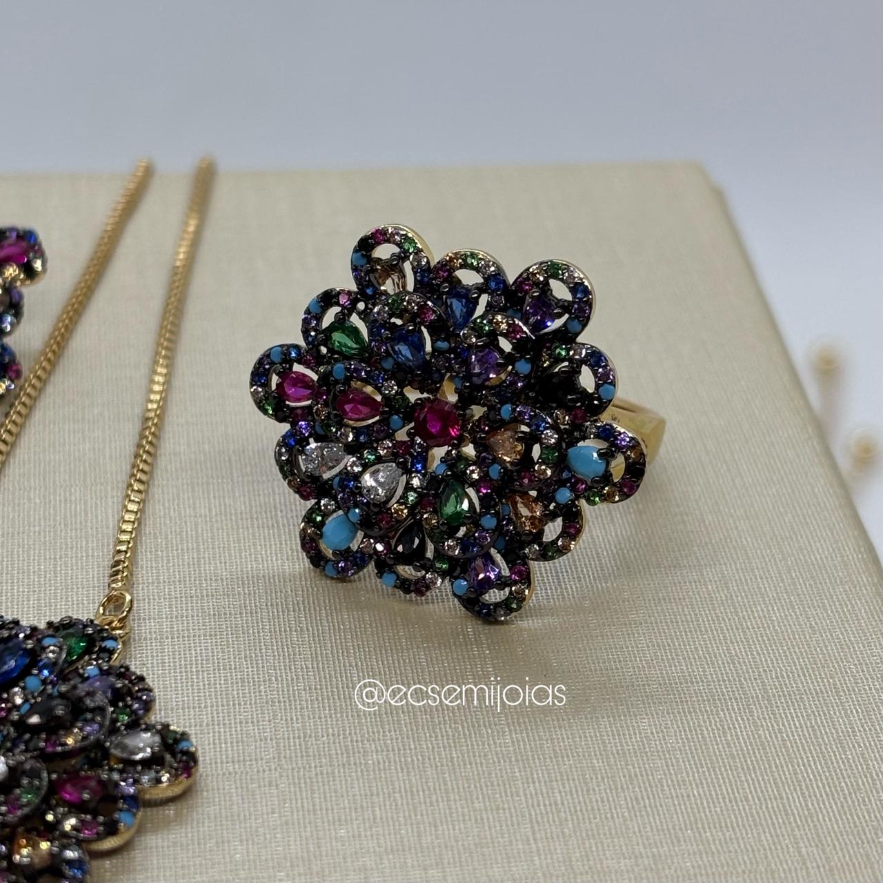 Conjunto brinco, colar e anel de flor cravejada - colar 80cm ajustável  - banhado a ouro 18k