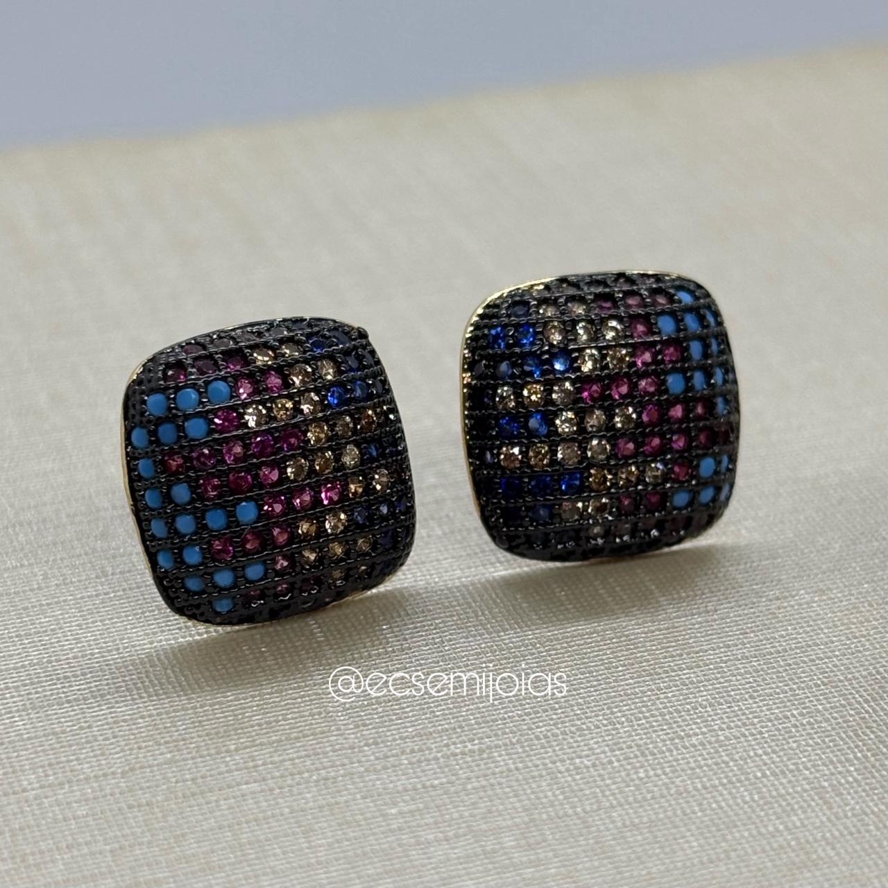 Conjunto de anel e brinco quadrado cravejado - banhado a ouro 18k