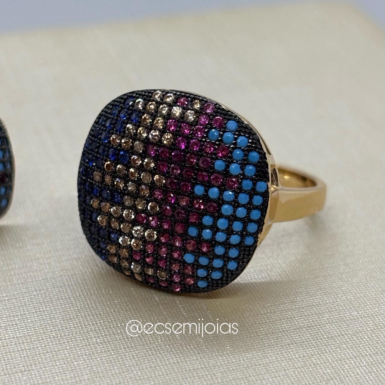 Conjunto de anel e brinco quadrado cravejado - banhado a ouro 18k