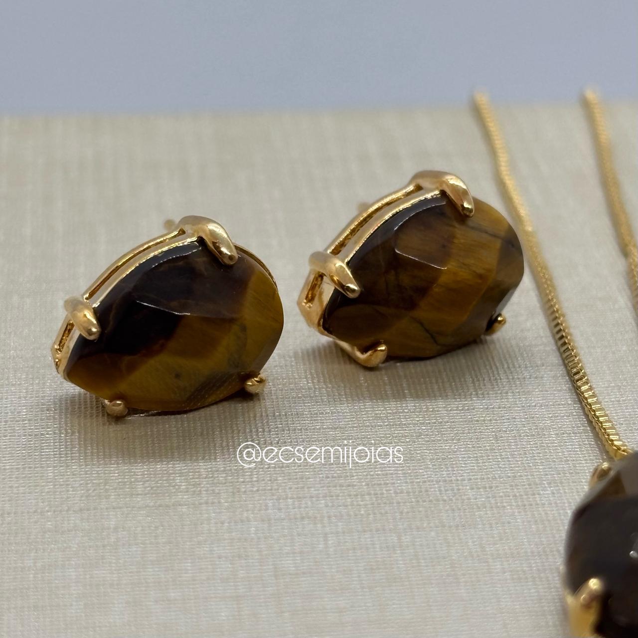 Conjunto de brinco e colar de pedra gota - 42cm + extensor - banhado a ouro 18k