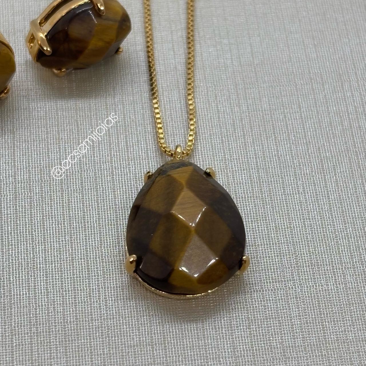 Conjunto de brinco e colar de pedra gota - 42cm + extensor - banhado a ouro 18k