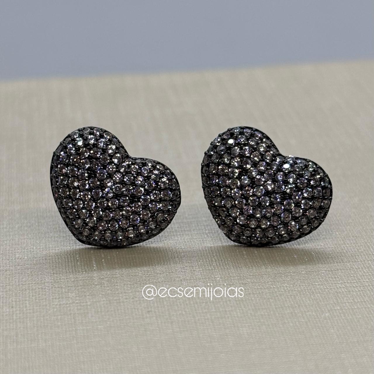 Conjunto de anel trio e brinco de coração cravejado - banhado a ródio negro