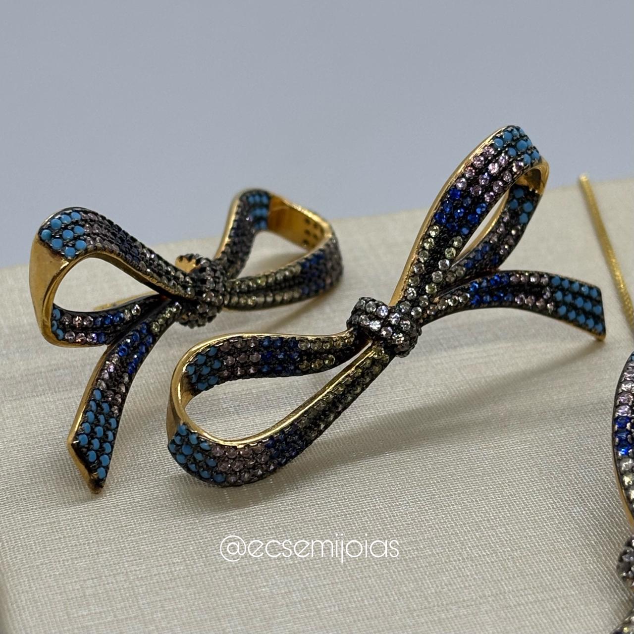 Conjunto brinco, colar e anel de laço cravejado - colar 60cm + extensor  - banhado a ouro 18k