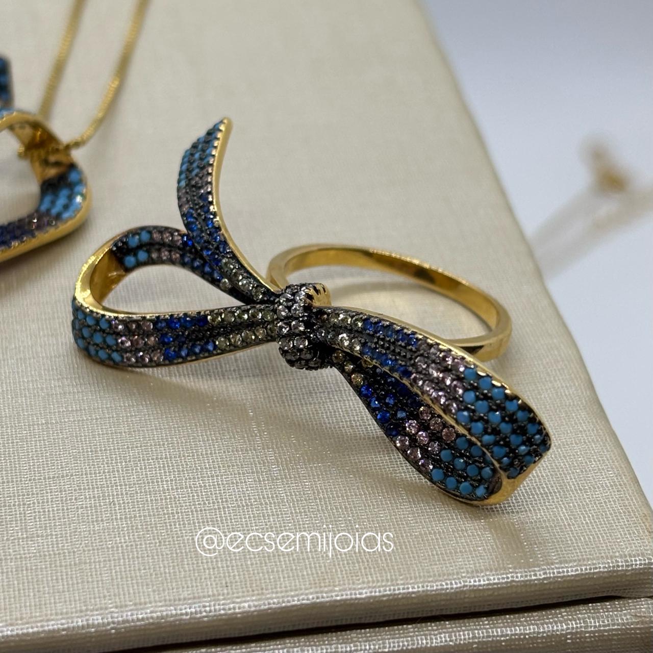 Conjunto brinco, colar e anel de laço cravejado - colar 60cm + extensor  - banhado a ouro 18k