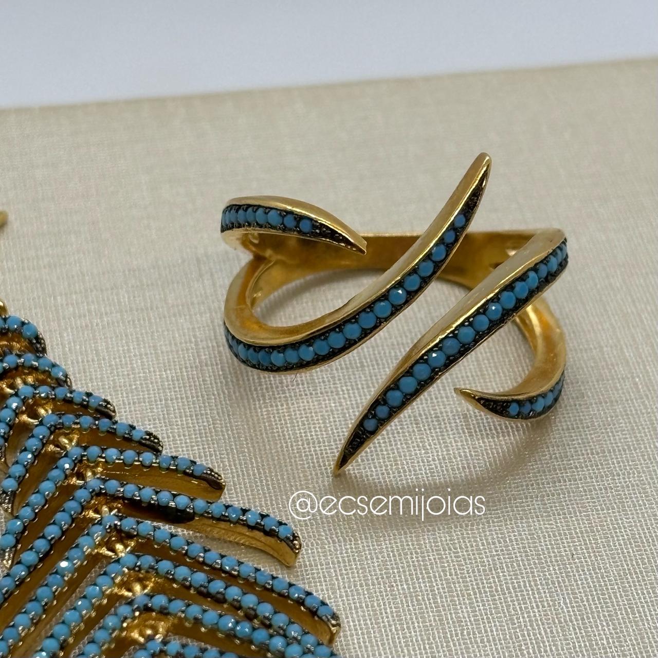 Conjunto de anel e brinco escama de peixe com aros cravejados - banhado a ouro 18k